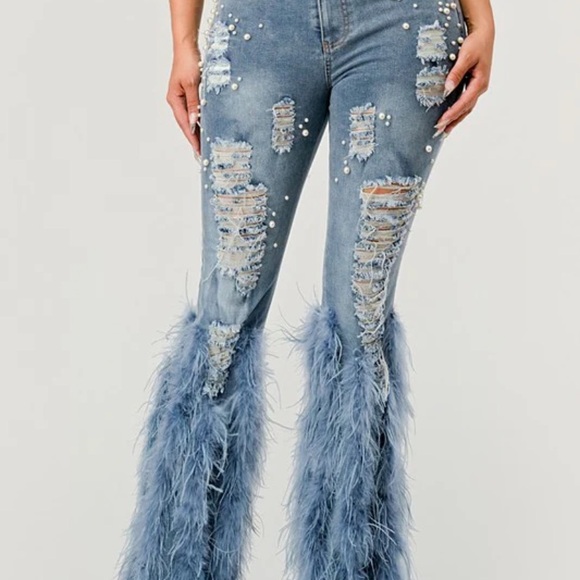 Athina Distressed Pearl Embellished Feather Detail Jeans - Picture 2 of 4